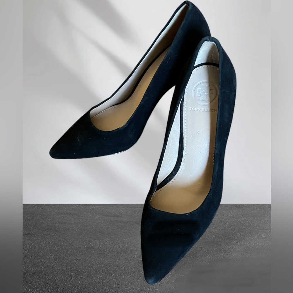 Tory Burch black suede heel pumps